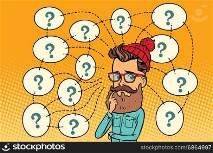 Hipster solves the problem, questions and reflections. Comic book cartoon pop art retro color illustration drawing. Hipster solves the problem, questions and reflections