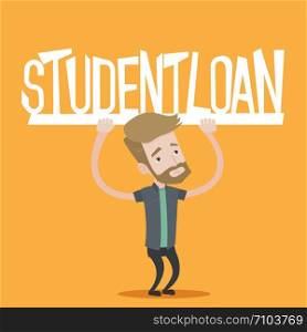 Hipster student with the beard holding a sign of student loan. Young male student carrying heavy sign - student loan. Concept of expensive education. Vector flat design illustration. Square layout.. Student holding sign of student loan.