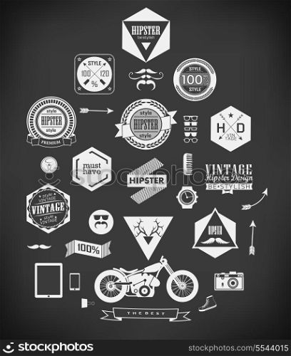 Hipster style elements, icons and labels can be used for retro vintage website, info-graphics, banner/ drawing with chalk on blackboard