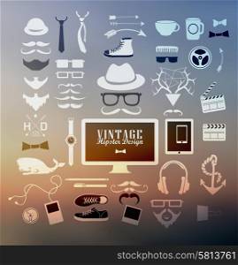 Hipster style elements, icons and labels on blur background can be used for retro vintage website