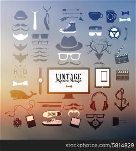 Hipster style elements, icons and labels on blur background can be used for retro vintage website