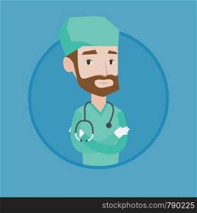 Hipster surgeon standing with arms crossed. Caucasian confident surgeon in medical uniform. Surgeon with stethoscope on his neck. Vector flat design illustration in the circle isolated on background.. Young confident surgeon with arms crossed.