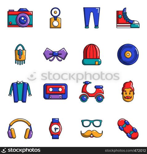 Hipster symbols icons set. Cartoon illustration of 16 hipster symbols vector icons for web. Hipster symbols icons set, cartoon style