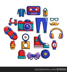 Hipster symbols icons set. Cartoon illustration of 16 hipster symbols vector icons for web. Hipster symbols icons set, cartoon style