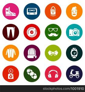 Hipster symbols icons set vector colorful circles isolated on white background . Hipster symbols icons set colorful circles vector