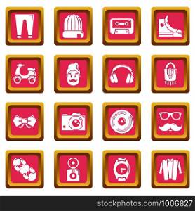 Hipster symbols icons set vector pink square isolated on white background . Hipster symbols icons set pink square vector