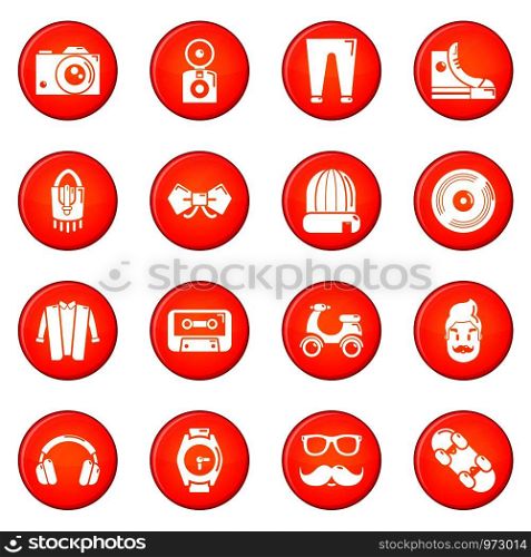 Hipster symbols icons set vector red circle isolated on white background . Hipster symbols icons set red vector