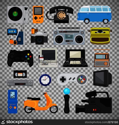 Hipster tech gadgets. 90s gadget icons like old joystick and console, gamepad and video tape isolated on transparent background. Vector illustration. Hipster tech gadget icons