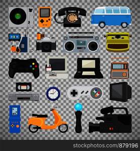 Hipster tech gadgets. 90s gadget icons like old joystick and console, gamepad and video tape isolated on transparent background. Vector illustration. Hipster tech gadget icons