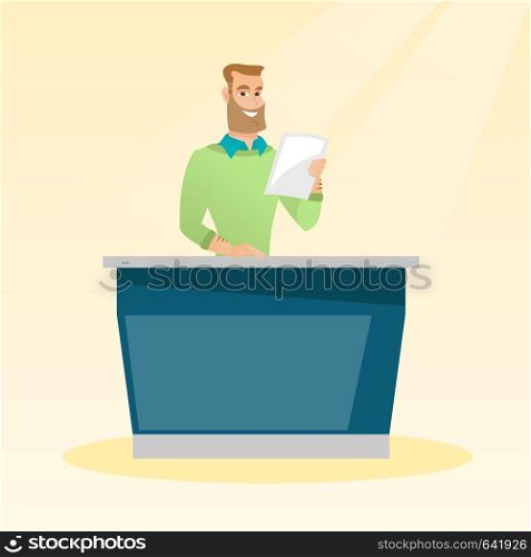 Hipster television anchorman working in the studio. Young caucasian television anchorman standing at the table in the studio during live broadcasting. Vector flat design illustration. Square layout.. Television anchorman in the studio.