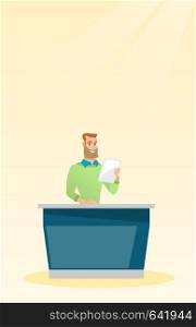Hipster television anchorman working in the studio. Young caucasian television anchorman standing at the table in the studio during live broadcasting. Vector flat design illustration. Vertical layout.. Television anchorman in the studio.