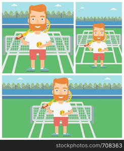 Hipster tennis player standing on the tennis court. Male tennis player holding a tennis racket and a ball. Man playing tennis. Vector flat design illustration. Square, horizontal, vertical layouts.. Male tennis player vector illustration.