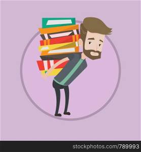 Hipster tired student carrying a heavy pile of books on his back. Upset caucasian student walking with huge stack of books. Vector flat design illustration in the circle isolated on background.. Student with pile of books vector illustration.