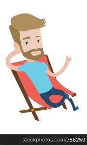 Hipster tourist sitting in folding chair and giving thumb up. Caucasian tourist relaxing in folding chair. Tourist resting in folding chair. Vector flat design illustration isolated on background.. Young tourist sitting in folding chair.