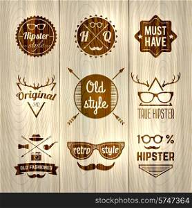 Hipster trendy fashion accessory gentleman culture labels on wooden background vector illustration