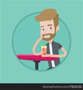 Hipster upset man with beard sitting at the bar with cocktail. Caucasian sad man sitting alone at the bar and drinking cocktail. Vector flat design illustration in the circle isolated on background.. Man drinking cocktail at the bar.