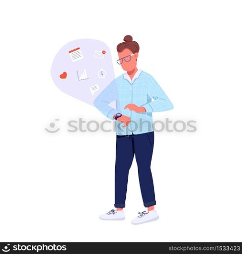 Hipster using smartwatch flat color vector faceless character. Generation Z lifestyle. Caucasian person communicating online isolated cartoon illustration for web graphic design and animation. Hipster using smartwatch flat color vector faceless character