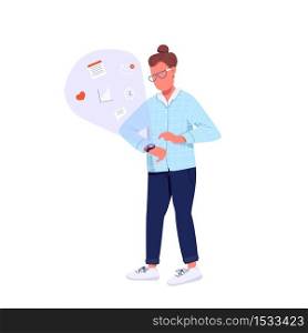 Hipster using smartwatch flat color vector faceless character. Generation Z lifestyle. Caucasian person communicating online isolated cartoon illustration for web graphic design and animation. Hipster using smartwatch flat color vector faceless character