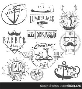 Hipster vintage original logos labels set in black with scooter bicycle and barbershop abstract vector isolated illustration. Hipster vintage labels set black