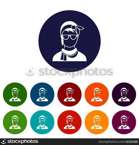 Hipster woman set icons in different colors isolated on white background. Hipster woman set icons