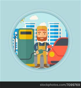 Hipster worker with beard filling up fuel into the car. Worker in workwear at the gas station. Gas station worker refueling a car. Vector flat design illustration in the circle isolated on background.. Worker filling up fuel into car.