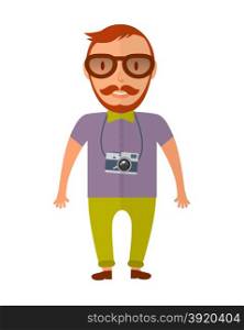 Hipster young beard man with retro photo camera.. Hipster young beard man with retro photo camera