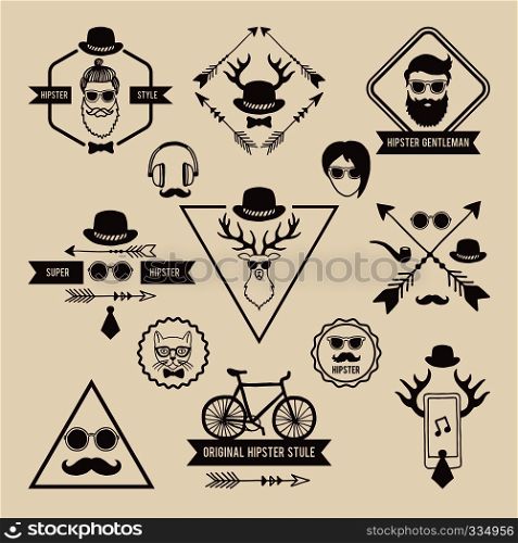 Hipsters badges templates with place for your text. Vector icons set labels hipster with mustache and head of deer illustration. Hipsters badges templates with place for your text. Vector icons set