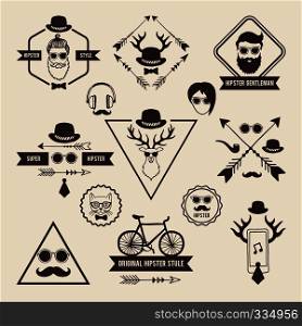 Hipsters badges templates with place for your text. Vector icons set labels hipster with mustache and head of deer illustration. Hipsters badges templates with place for your text. Vector icons set