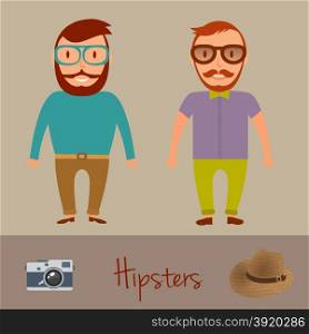 Hipsters character design. Two hipster style young mens. Vector illustration.. Hipsters character design. Two hipster style young mens. Vector illustration