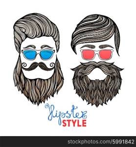 Hipsters heads colored glasses doodle pictograms . Two hipster hair style men heads with blue and red glasses doodle pictograms abstract vector isolated illustration