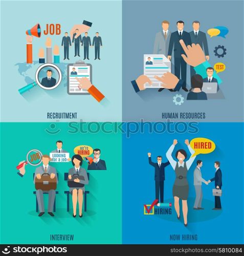 Hire design concept set with human resources recruitment flat icons isolated vector illustration. Hire Flat Set