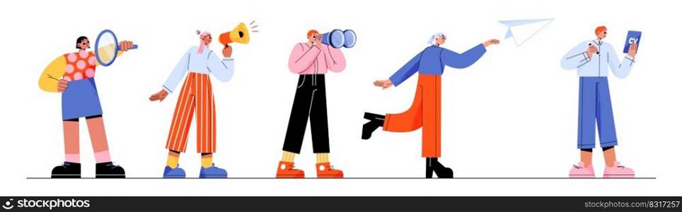Hire employee and business recruitment concept with people hr managers with megaphone, magnifier, binoculars and candidate cv. Vector flat illustration of workers announce hiring staff. Hire employee and business recruitment concept