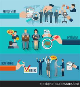 Hire horizontal banner set with recruitment interview flat elements isolated vector illustration. Hire Banner Set