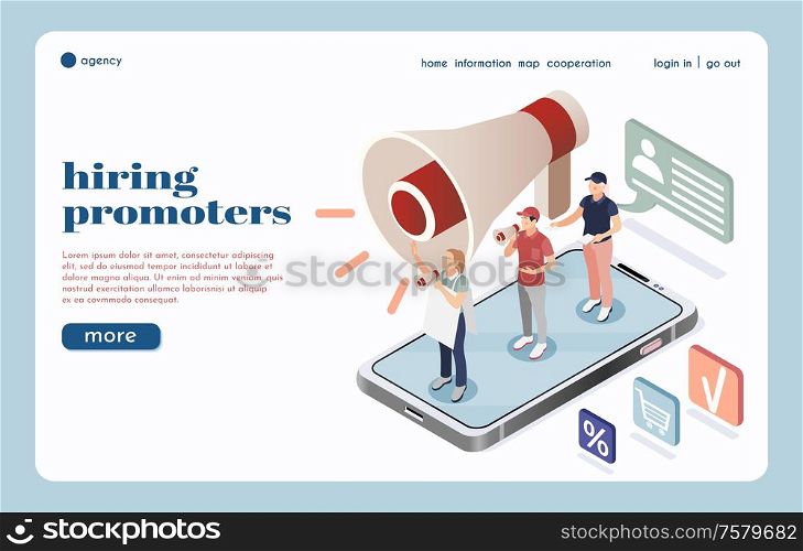 Hiring agency isometric landing page with big loudspeaker icon and group of street promoters speaking into megaphones vector illustration