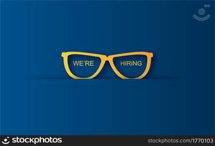 Hiring and recruitment poster concept. Design Paper art and craft with minimalist blue color tone style glasses, job advertisement, Recruitment poster or banner vector concept in mimimalist Symbol.