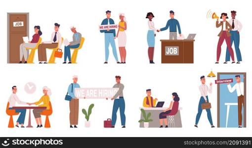 Hiring and recruitment process, job interview, employment scenes. Job seekers waiting for job interview vector illustration set. Hiring process scenes. Company searching new employees or workers. Hiring and recruitment process, job interview, employment scenes. Job seekers waiting for job interview vector illustration set. Hiring process scenes