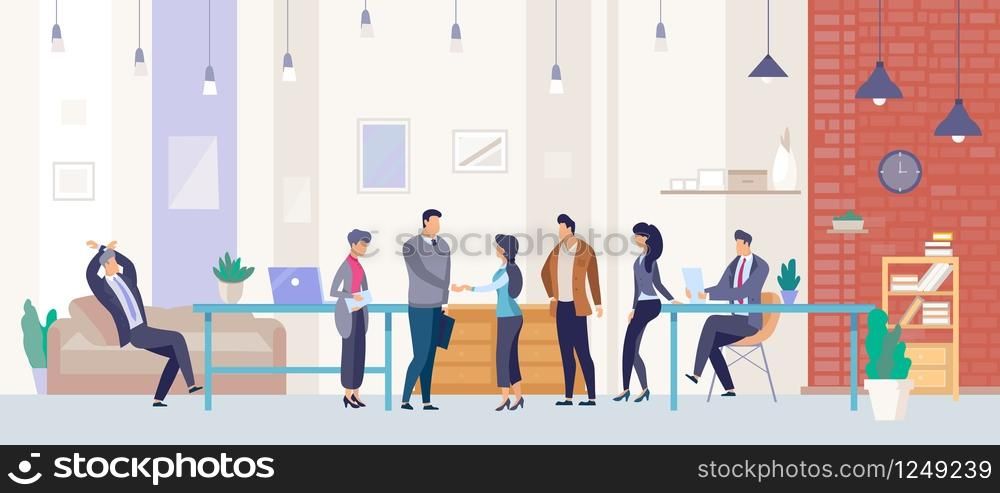 Hiring Company Employee Flat Vector Concept. Human Resources Manager, Welcoming with Handshake Vacancy Applicants, Business Leader Meeting Job Candidates for Interview in Company Office Illustration