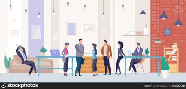 Hiring Company Employee Flat Vector Concept. Human Resources Manager, Welcoming with Handshake Vacancy Applicants, Business Leader Meeting Job Candidates for Interview in Company Office Illustration