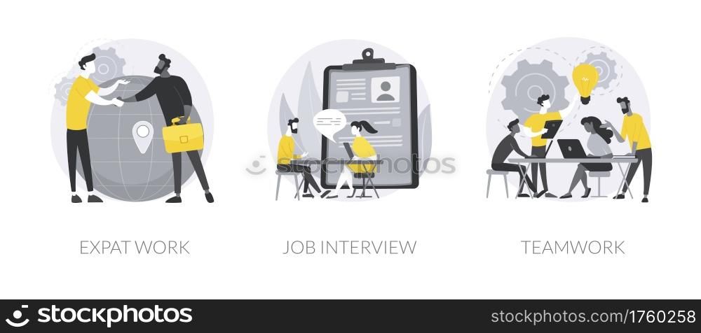 Hiring employees abstract concept vector illustration set. Expat work, job interview, teamwork power, migrant workers, choosing a candidate, prepare for interview, recruiter abstract metaphor.. Hiring employees abstract concept vector illustrations.