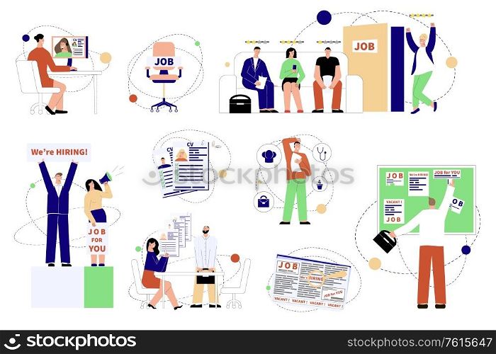 Hiring employment set with flat isolated compositions of icons and human characters looking for perfect job vector illustration