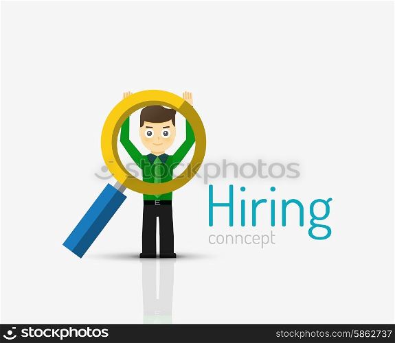 Hiring flat design concept. Man and magnifying glass. Hiring flat design concept. Man standing on glossy surface and magnifying glass