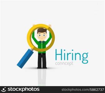 Hiring flat design concept. Man and magnifying glass. Hiring flat design concept. Man standing on glossy surface and magnifying glass