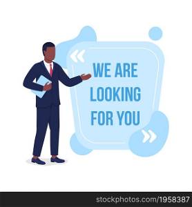 Hiring for job vector quote box with flat character. We are looking for you. Recruiting for work. Speech bubble with cartoon illustration. Colourful quotation design on white background. Hiring for job vector quote box with flat character