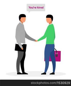 Hiring new worker flat vector illustration. Boss, chief shaking hand with successful applicant cartoon characters. Informing jobseeker about positive employment decision. HR expert greeting newbie