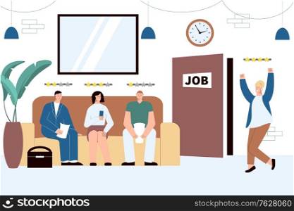 Hiring people composition with flat human characters of job candidates with rating pictograms and indoor scenery vector illustration