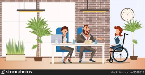 Hiring Person with Disabilities Trendy Flat Vector Concept. Boss, Company Hr Manager Talking with Woman in Wheelchair, Conducting Job Interview with Disabled Female Vacancy Candidate Illustration