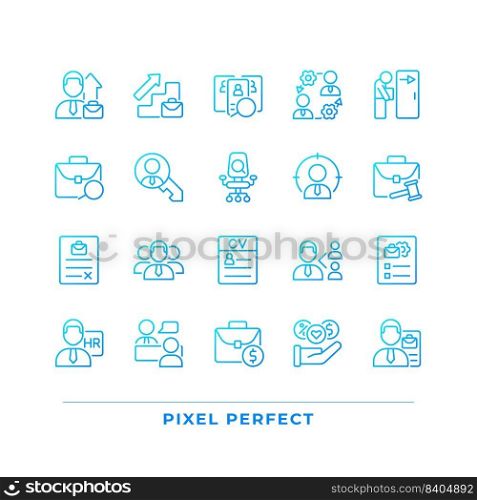 Hiring pixel perfect gradient linear vector icons set. Recruitment process. Company employee. Apply for position. Thin line contour symbol designs bundle. Isolated outline illustrations collection. Hiring pixel perfect gradient linear vector icons set