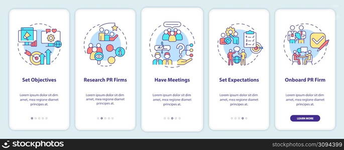 Hiring PR firm onboarding mobile app screen. Choose agency walkthrough 5 steps graphic instructions pages with linear concepts. UI, UX, GUI template. Myriad Pro-Bold, Regular fonts used. Hiring PR firm onboarding mobile app screen