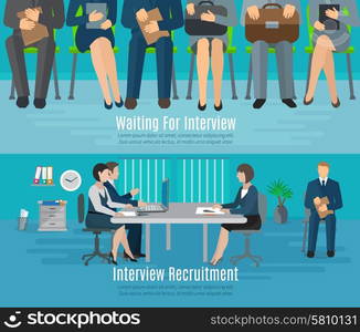 Hiring process horizontal banner set with people waiting for recruitment interview flat elements isolated vector illustration. Hiring Process Banner Set