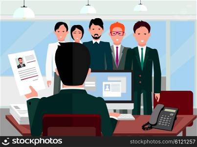 Hiring recruiting interview. Look resume applicant employer. Hands Hold CV profile choose from group of business people. HR, recruiting, we are hiring. Candidate job position. Hire and interviewer